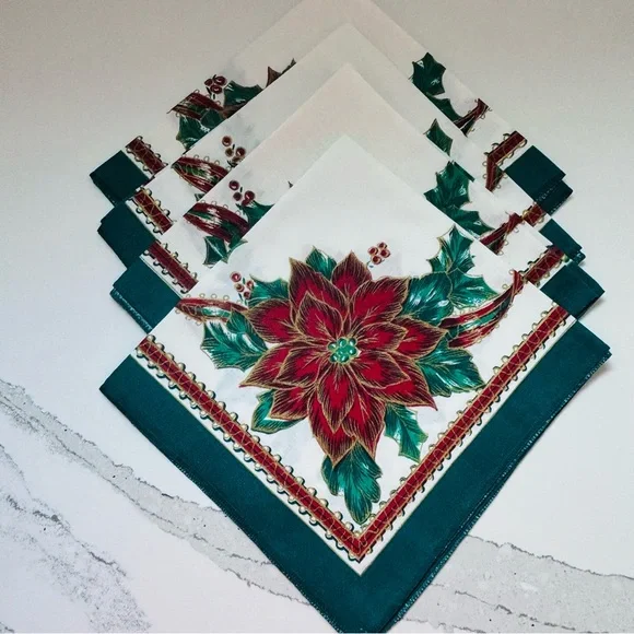 Vintage Poinsettia Promise Christmas Rectangle 60"x84" Tablecloth, 4 Napkins NWT - Picture 3 of 5